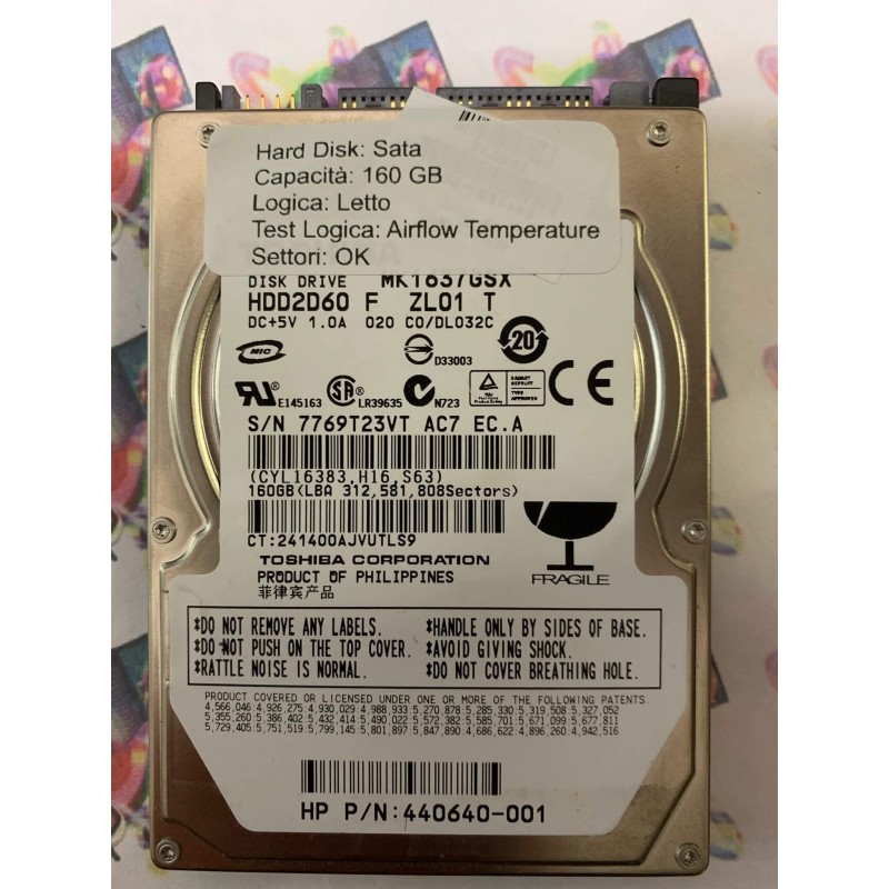 Hard Disk Usato Semifunzionante Sata 2,5" 160Gb TOSHIBA HDD2D60 F ZL01 T 440640-001