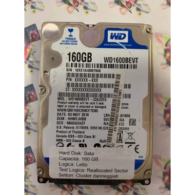 Hard Disk Usato Semifunzionante Sata 2,5" 160Gb WESTERN DIGITAL WD1600BEVT HHMTJHBB