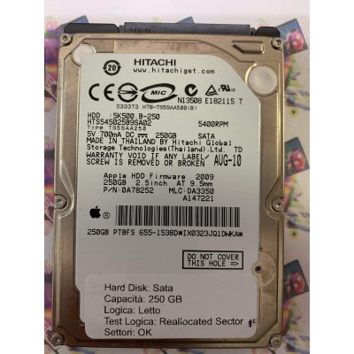 Hard Disk Usato Semifunzionante Sata 2,5" 250Gb HITACHI 5K500 B-250 2009 0A78252