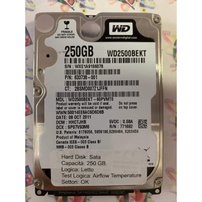Hard Disk Usato Semifunzionante Sata 2,5" 250Gb WESTERN DIGITAL WD2500BEKT 633738-001