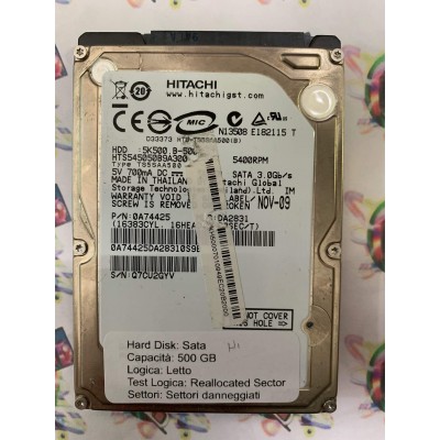 Hard Disk Usato Semifunzionante Sata 2,5" 500Gb HITACHI HTS545050B9A300 DA2831 0A74425
