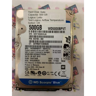 Hard Disk Usato Semifunzionante Sata 2,5" 500Gb WESTERN DIGITAL WD5000BPVT-60HXZT3 643162-002