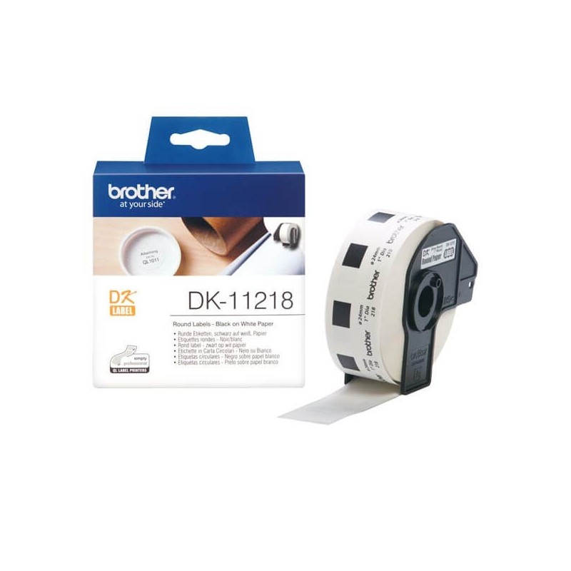 Rotolo da 1000 Etichette in Carta Originali Brother DK-11218 24mm Circolari Nero su Bianco