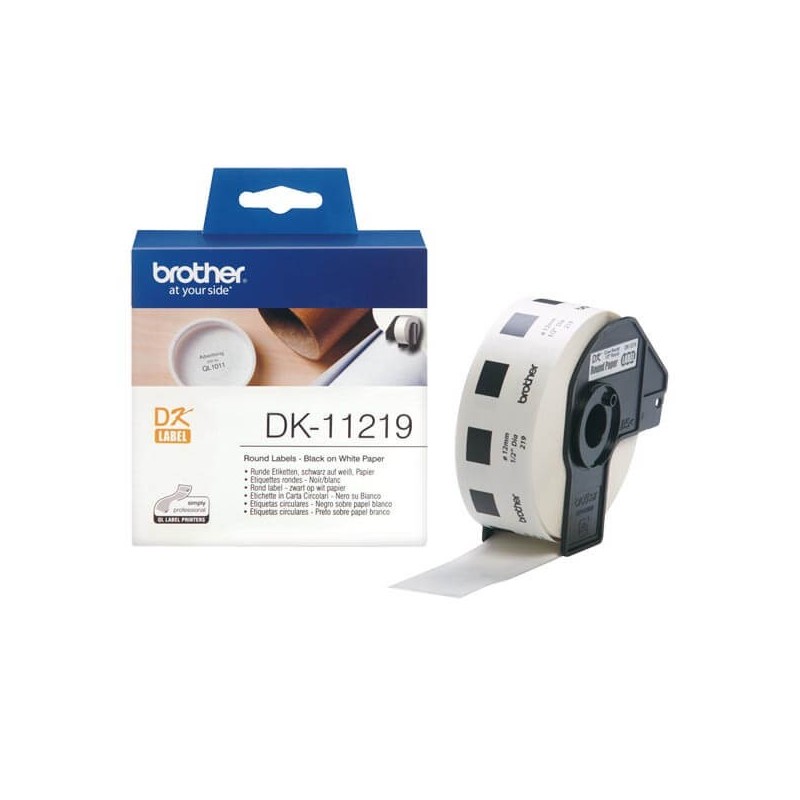 Rotolo da 1200 Etichette in Carta Originali Brother DK-11219 12mm Circolari Nero su Bianco
