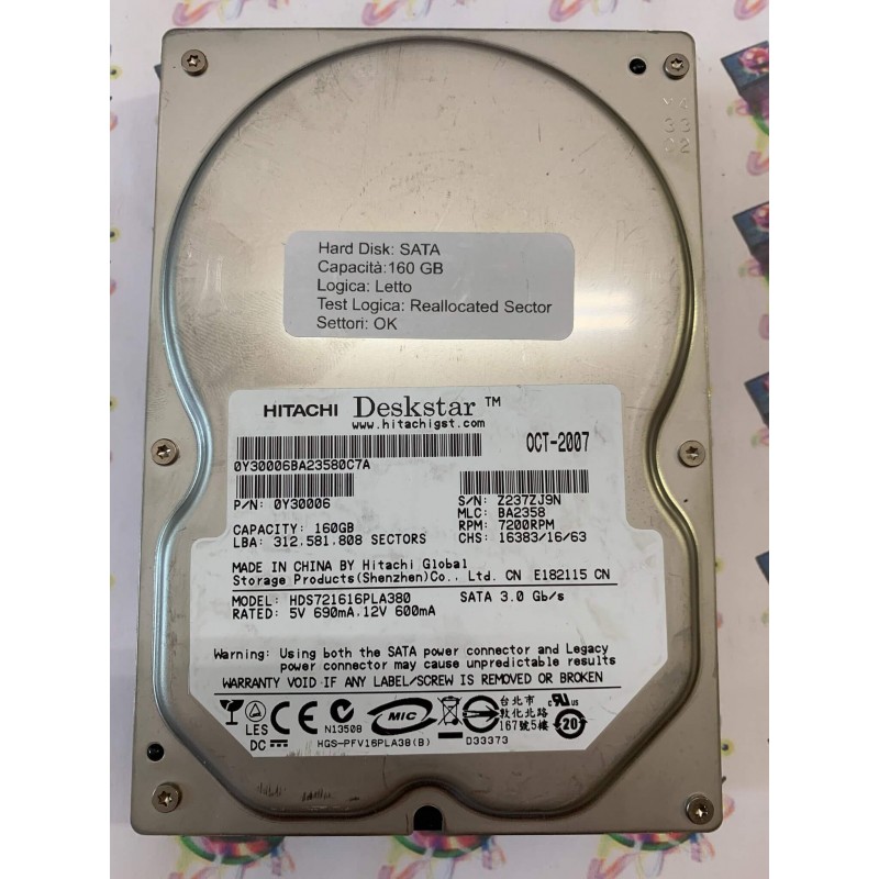 Hard Disk Usato Semifunzionante Sata 3,5" 160Gb HITACHI HDS721616PLA380 0Y30006 BA2358