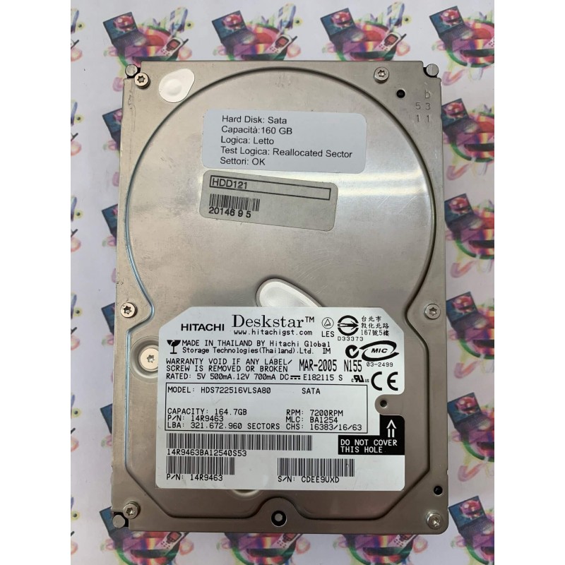 Hard Disk Usato Semifunzionante Sata 3,5" 160Gb HITACHI HDS722516VLSA80 BA1254 14R9463