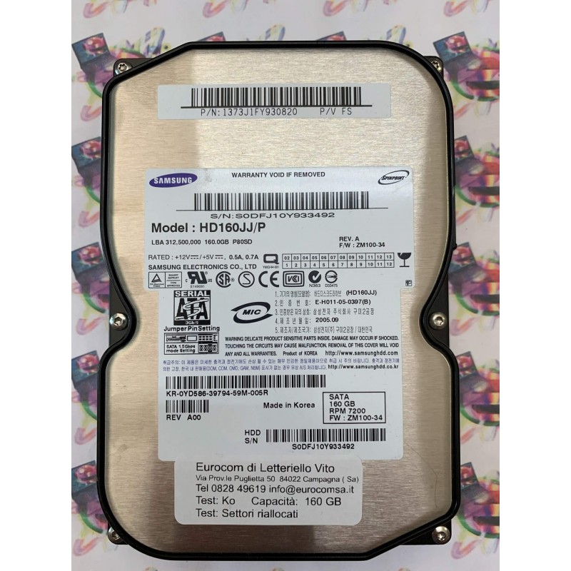 Hard Disk Usato Semifunzionante Sata 3,5" 160Gb SAMSUNG HD160JJ/P 1373J1FY930820 ZM100-34