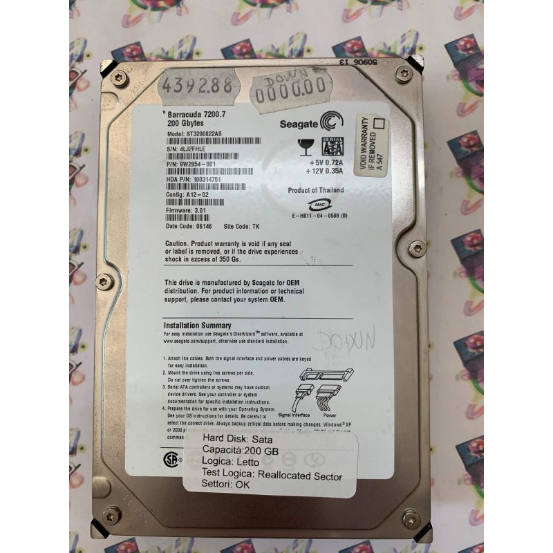 Hard Disk Usato Semifunzionante Sata 3,5" 200Gb SEAGATE ST3200822AS 9W2854-001 100314751 06146