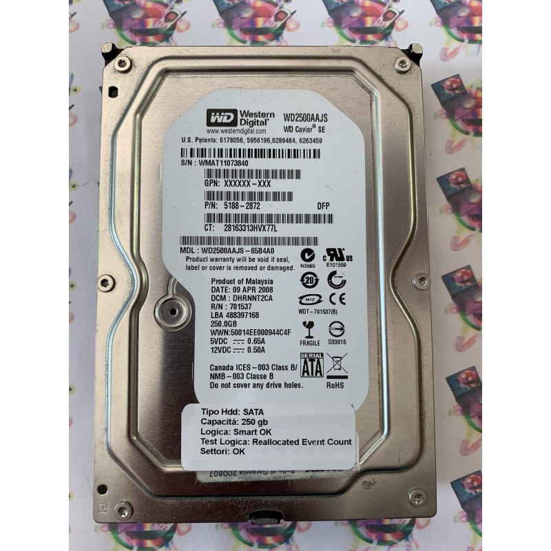 Hard Disk Usato Semifunzionante Sata 3,5" 250Gb WESTERN DIGITAL WD2500AAJS 5188-2872 WD2500AAJS-65B4A0