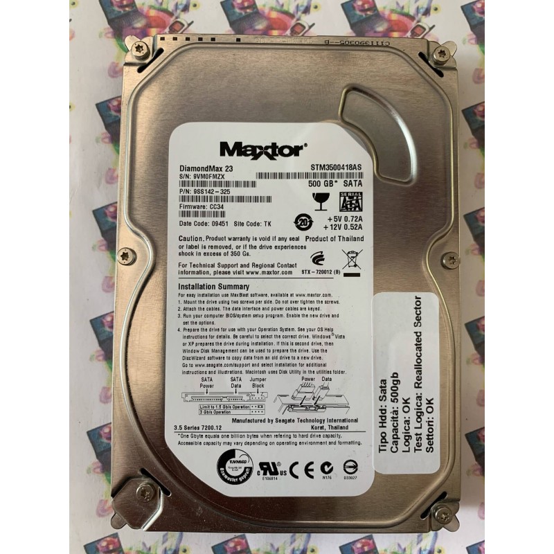 Hard Disk Usato Semifunzionante Sata 3,5" 500GB MAXTOR STM3500418AS 9SS142-325 CC34 09451 TK