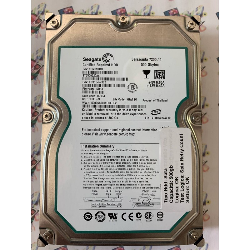 Hard Disk Usato Semifunzionante Sata 3,5" 500Gb Seagate ST3500320AS 9BX154-302 SD1A KRATSG