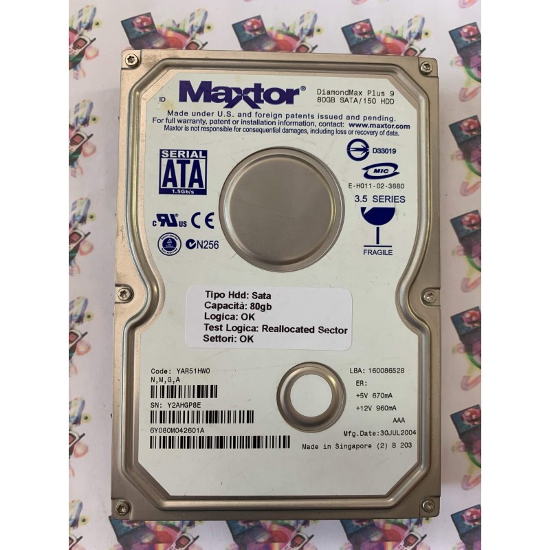 Hard Disk Usato Semifunzionante Sata 3,5" 80GB MAXTOR 6Y080M042601A DIAMONDMAX PLUS 9 160086528