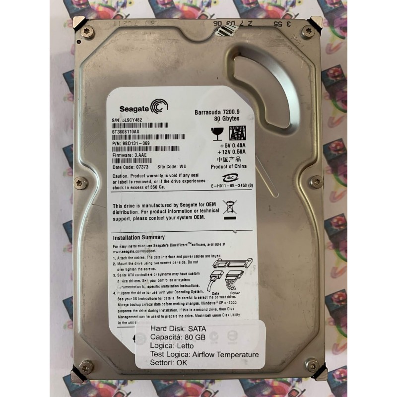 Hard Disk Usato Semifunzionante Sata 3,5" 80Gb Seagate ST3808110AS 9BD131-069 3.AAE 07373 WU