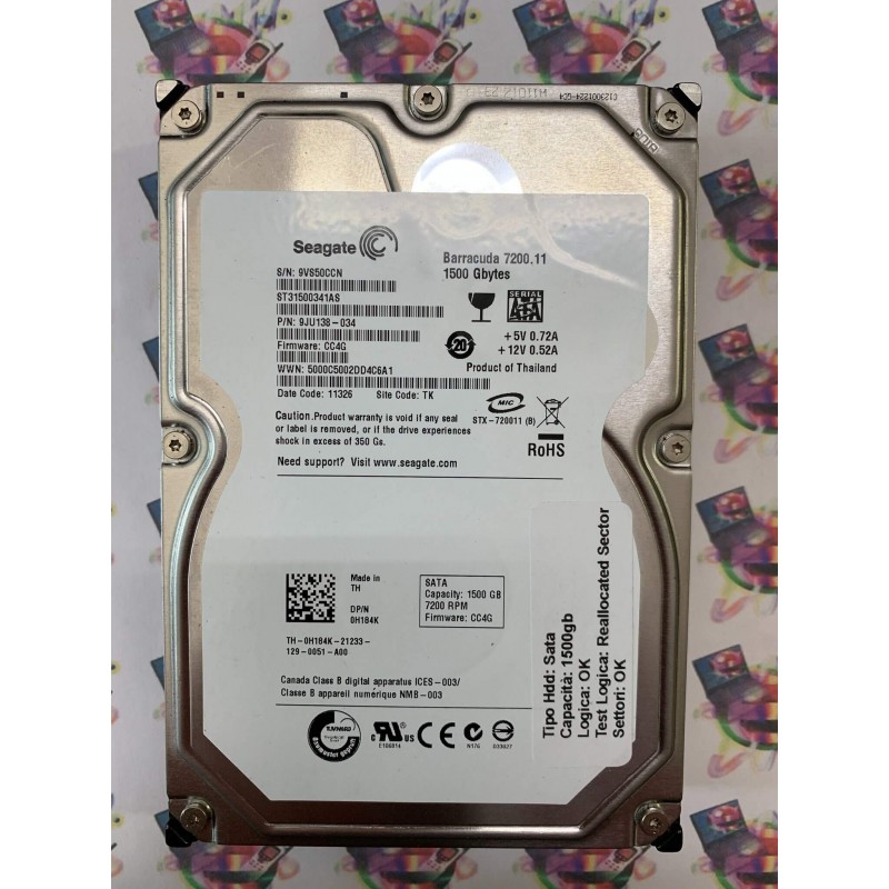 Hard Disk Usato Semifunzionante Sata 3,5" 1500GB 1,5TB SEAGATE ST31500341AS 9JU138-034 CC4G 11326 TK