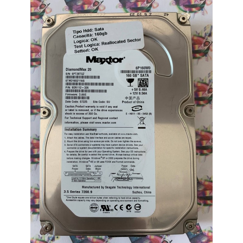 Hard Disk Usato Semifunzionante Sata 3,5" 160Gb MAXTOR 6P160W0 9DR112-326 3.AAE