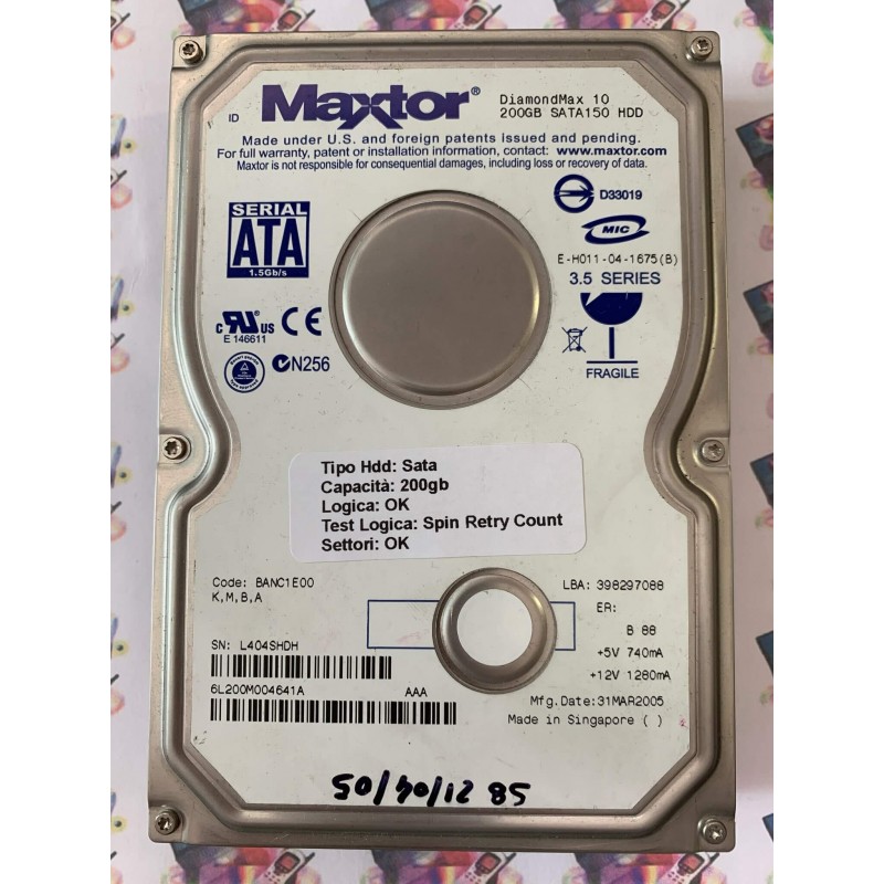 Hard Disk Usato Semifunzionante Sata 3,5" 200GB MAXTOR DIAMONDMAX 10 6L200M004641A AAA