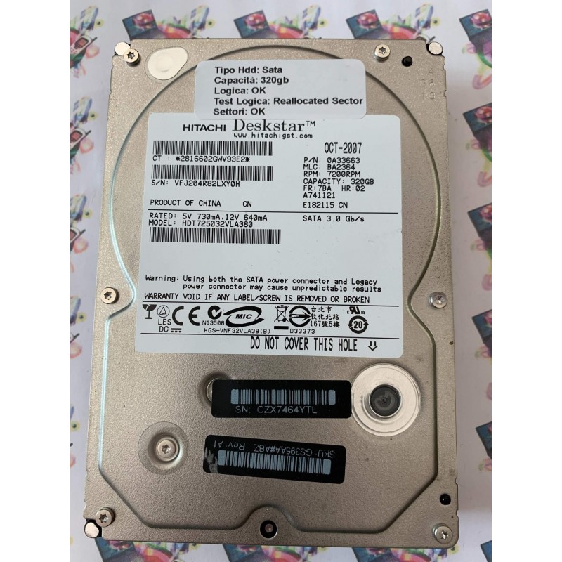 Hard Disk Usato Semifunzionante Sata 3,5" 320GB HITACHI HDT725032VLA380 0A33663 BA2364