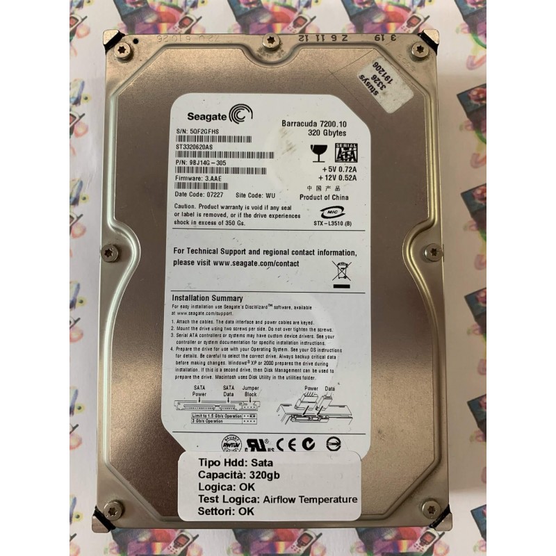 Hard Disk Usato Semifunzionante Sata 3,5" 320Gb SEAGATE ST3320620AS 3.AAE 9BJ14G-305 07227
