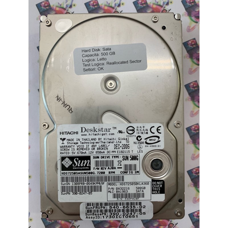 Hard Disk Usato Semifunzionante Sata 3,5" 500GB HITACHI HDS725050KLA360 0A32216 AJ0A