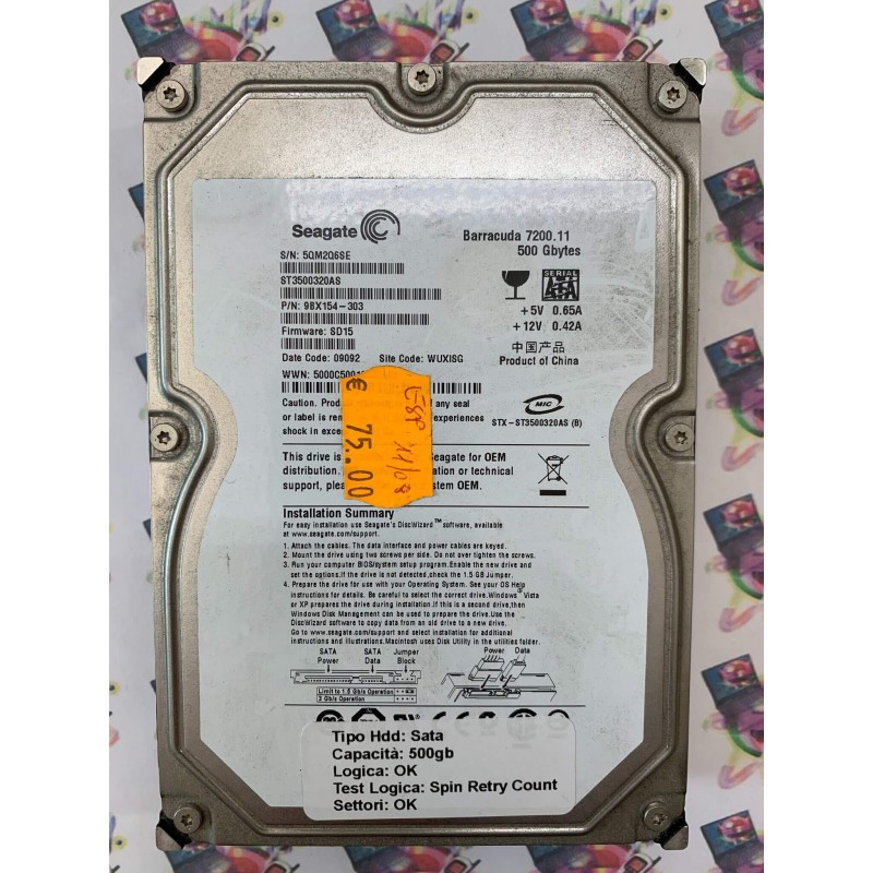Hard Disk Usato Semifunzionante Sata 3,5" 500GB SEAGATE ST33500320AS 9BX154-303 SD15 09092 WUXISG