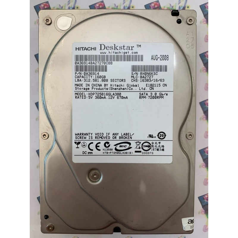 Hard Disk Usato Funzionante 100% Ok Sata 3,5" 160Gb Hitachi HDP725016GLA380 0A36914 312.581.808 BA2727 AUG-2008