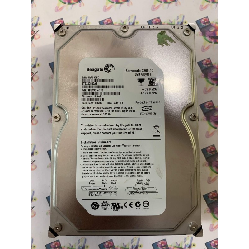 Hard Disk Usato Funzionante 100% Ok Sata 3,5" 320Gb Seagate ST3320820AS 9BJ13G-188 3.AAD 08286 TK