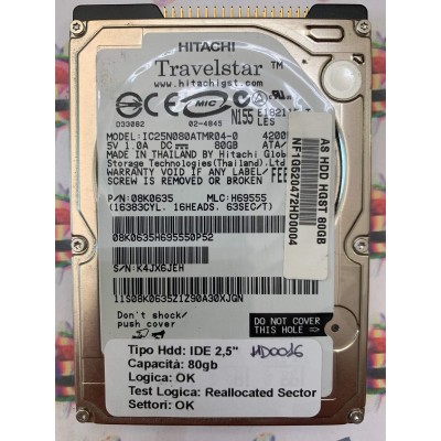Hard Disk Usato Semifunzionante IDE 2,5" 80Gb Hitachi IC25N080ATMR04-0 08k0635 H69555