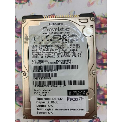 Hard Disk Usato Semifunzionante IDE 2,5" 80Gb Hitachi IC25N080ATMR04-0 08k0635 H69555 0P57