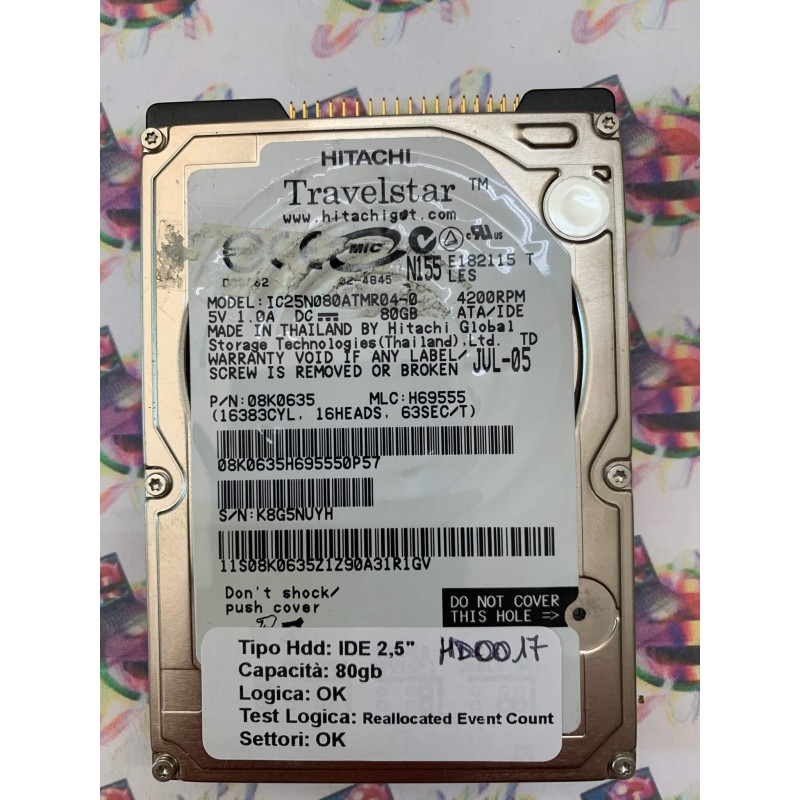 Hard Disk Usato Semifunzionante IDE 2,5" 80Gb Hitachi IC25N080ATMR04-0 08k0635 H69555 0P57