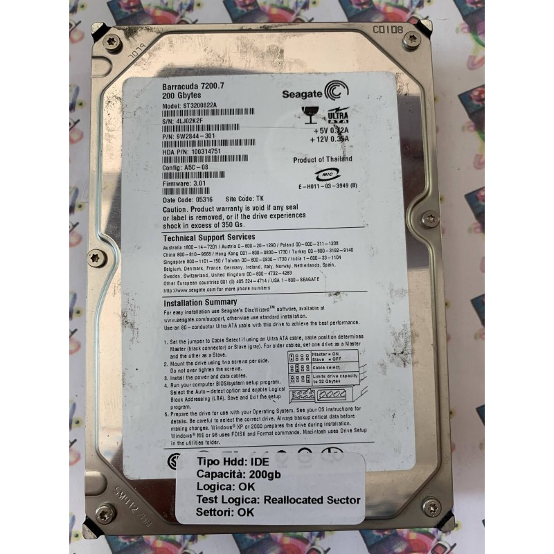 Hard Disk Usato Semifunzionante IDE 3,5" 200Gb Seagate ST3200822A 9W2844-301 3.01 05316 TK