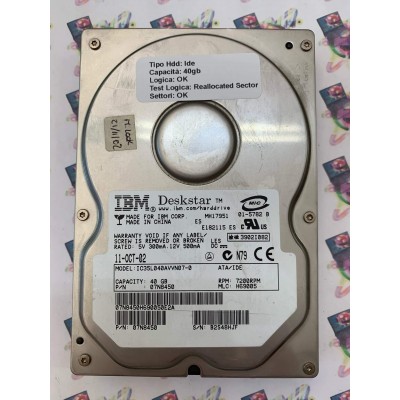Hard Disk Usato Semifunzionante IDE 3,5" 40Gb Ibm IC35L040AVVN07-0 07N8450 H69005