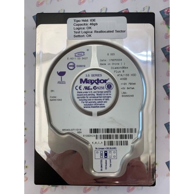Hard Disk Usato Semifunzionante IDE 3,5" 40Gb Maxtor 6E040L0711014 DiamondMax Plus 8 NAR61EA0 Lba 80293248