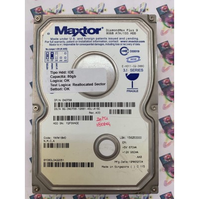 Hard Disk Usato Semifunzionante IDE 3,5" 80Gb Maxtor 6Y080L0422051 DiamondMax Plus 9 Lba 156250000 Code YAR41BW0