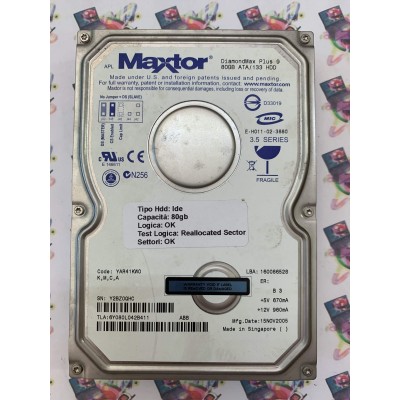 Hard Disk Usato Semifunzionante IDE 3,5" 80Gb Maxtor 6Y080L042B411 DiamondMax Plus 9 Lba 160086528 Code YAR41KW0