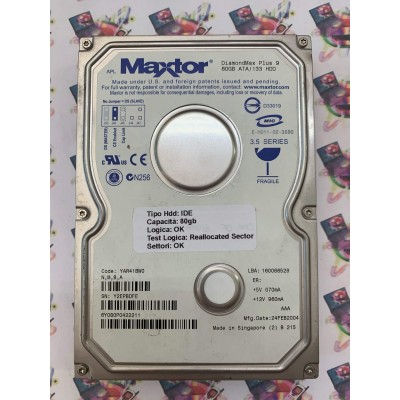 Hard Disk Usato Semifunzionante IDE 3,5" 80Gb Maxtor 6Y080P0422211 DiamondMax Plus 9 Lba 160086528 Code YAR41BW0