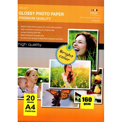Confezione da 20 Fogli di Carta Fotografica A4 160 Grammi Glossy