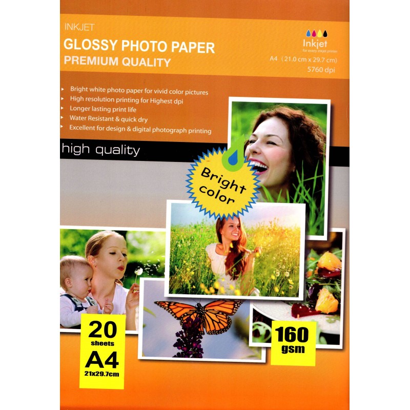 Confezione da 20 Fogli di Carta Fotografica A4 160 Grammi Glossy
