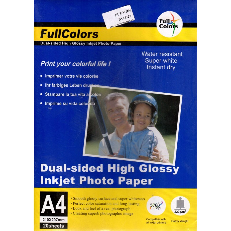 Confezione da 20 Fogli di Carta Fotografica A4 220 Grammi Glossy Dual Side