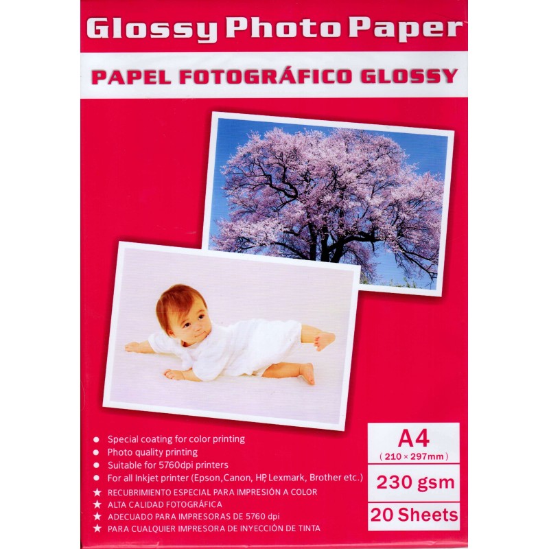Confezione da 20 Fogli di Carta Fotografica A4 230 Grammi Glossy