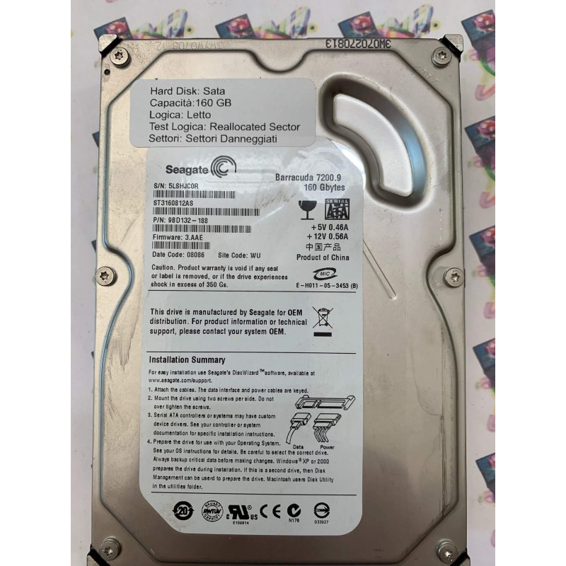 Hard Disk Usato Semifunzionante Sata 3,5" 160GB Seagate ST3160812AS 9BD132-188 3.AAE 08086 WU