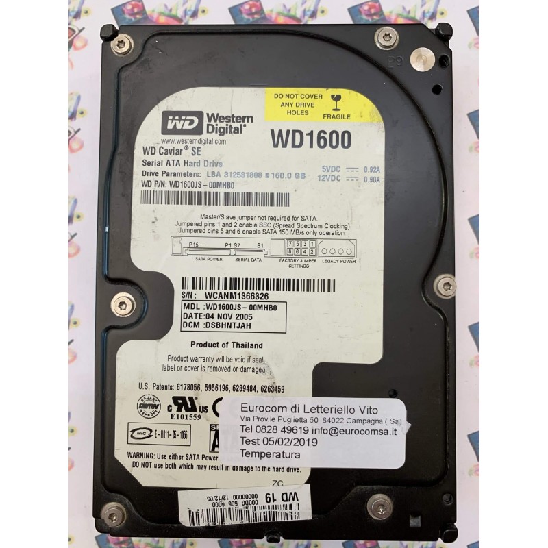 Hard Disk Usato Semifunzionante Sata 3,5" 160Gb Western Digital WD1600 WD1600JS-00MHB0 DSBHCTJAH 04 11 2015 2060-701335-005 REV