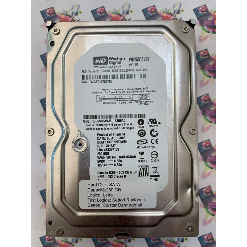 Hard Disk Usato Semifunzionante Sata 3,5" 250Gb Western Digital WD2500AVJS WD2500AVJS-63B6A0 DGRNHTJABN 701537 488397168 03 AUG