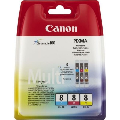Confezione 3 Cartucce Originali Canon 0621B029 CLI8 13ml 470 Pagine C M Y Ciano Magenta Yellow
