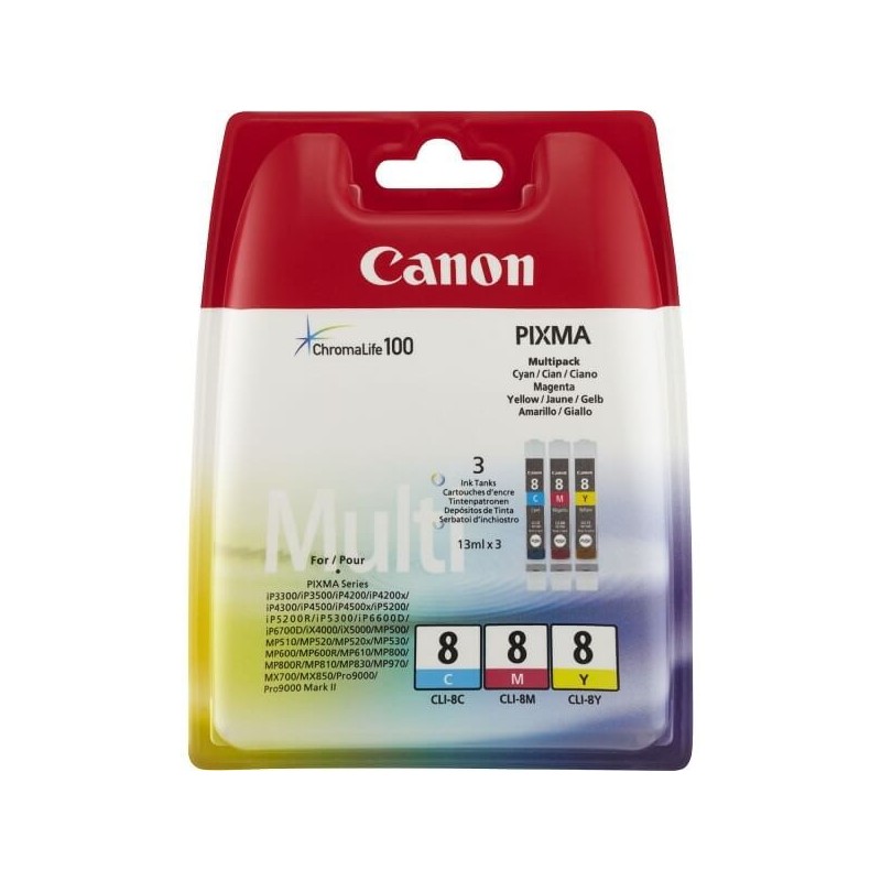 Confezione 3 Cartucce Originali Canon 0621B029 CLI8 13ml 470 Pagine C M Y Ciano Magenta Yellow