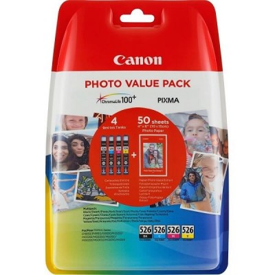Cartuccia Originale Canon 4540B017 CLI526 9ml 450 Pagine C M Y Ciano Magenta Yellow + Confezione 50 Fogli Carta Fotografica 10x
