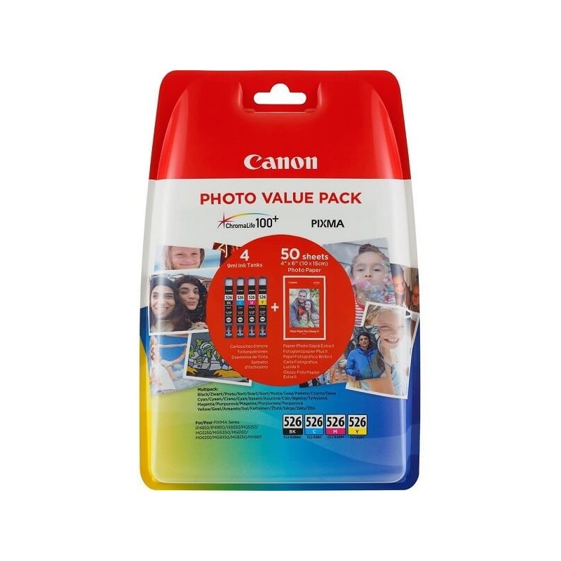 Cartuccia Originale Canon 4540B017 CLI526 9ml 450 Pagine C M Y Ciano Magenta Yellow + Confezione 50 Fogli Carta Fotografica 10x