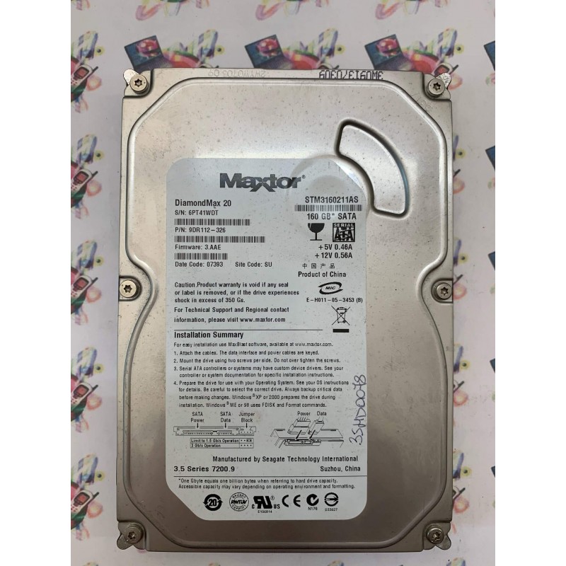 Hard Disk Usato Funzionante 100% Ok Sata 3,5" 160GB MAXTOR STM3160211AS 9DR112-326 3.AAE 07393 SU