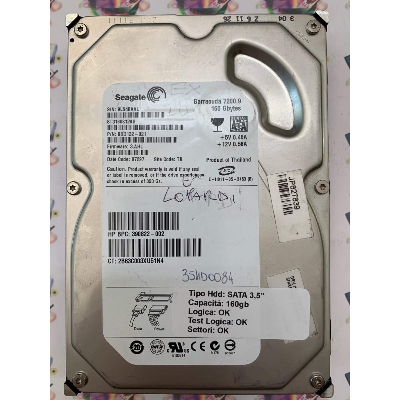 Hard Disk Usato Funzionante 100% Ok Sata 3,5" 160GB SEAGATE  ST3160812AS 9BD132-021 3.AHL 07297 TK
