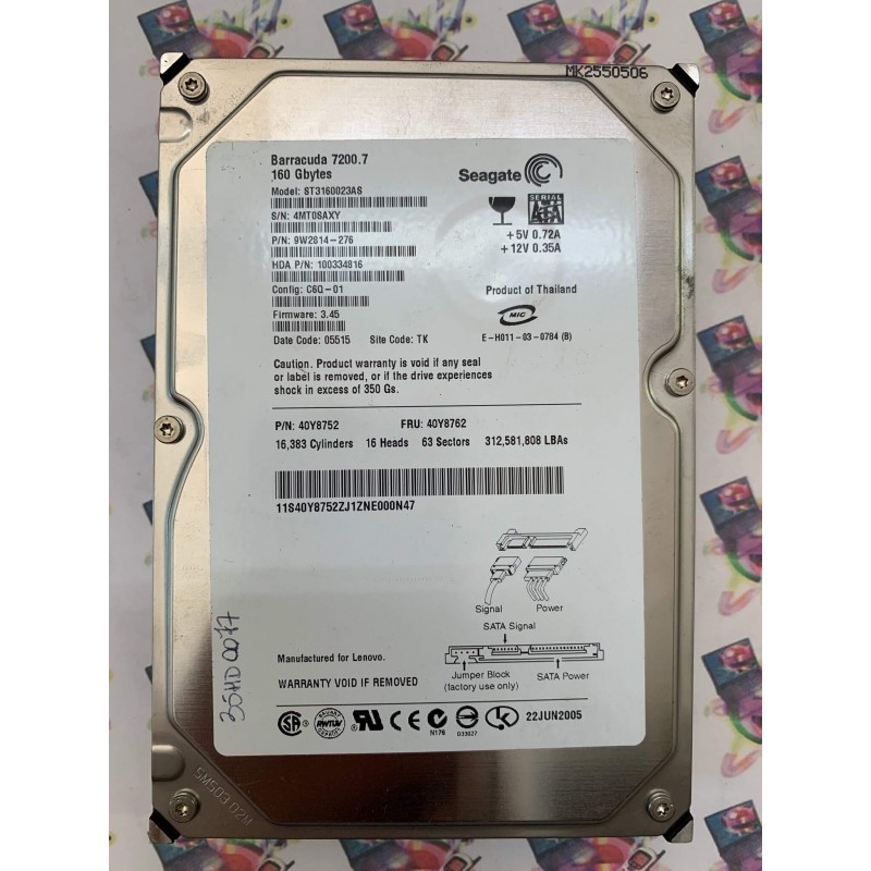 Hard Disk Usato Funzionante 100% Ok Sata 3,5" 160GB SEAGATE ST3160023AS 9W2814-276 100334816 3.45 05515 TK