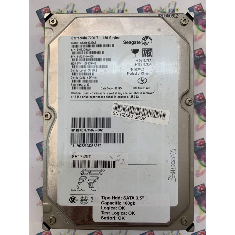 Hard Disk Usato Funzionante 100% Ok Sata 3,5" 160GB SEAGATE ST3160023AS 9W2814-630 100355440 3.43